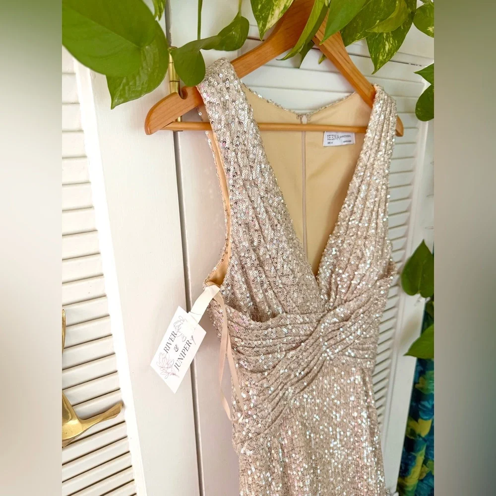 Mac Duggal Ieena 26598 V-Neck Wrap Waist Sequin Gown Dress New Champagne Formal